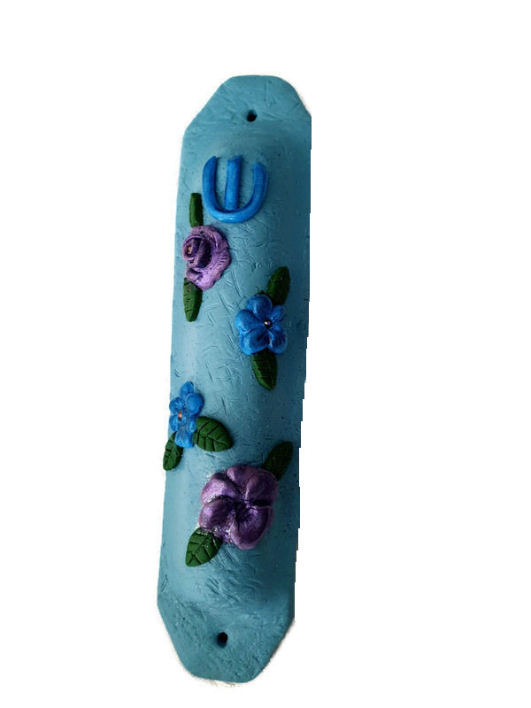 Picture of Mezuzah 10 cm Judaica Polymer Clay Blue with Flowers