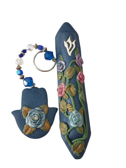 Picture of Mezuzah 10cm set w/ key chain pink floral