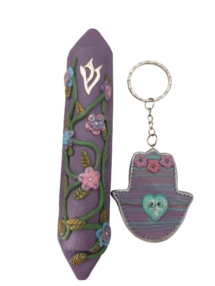 Picture of Polymer Clay Set Deep Purple Floral Mezuzah and Key Chain